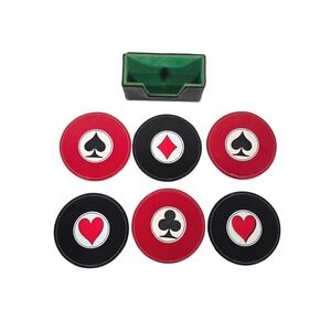 Set of 6 Poker Card Suit Coasters with‎ Black Holder Red Black faux Leather